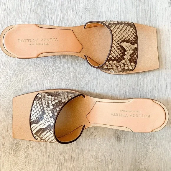 Bottega Veneta Square Toe Python Leather Strap Low Sandals Heels - Picture 1 of 4